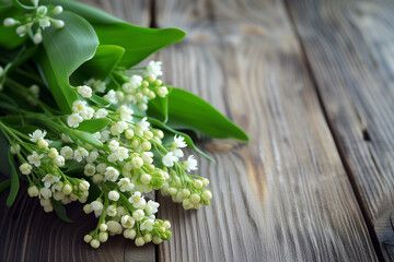 Blossoming lily of the valley on a wooden table. Bouquet of blooming flowers in minimalist style. Concept of spring, floral and nature.