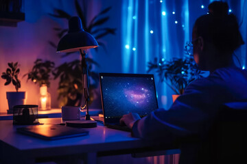 person working on a laptop in a cozy home office with a view of the garde