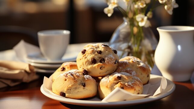  a plate of chocolate chip muffins sitting on a table next to a vase of flowers and a cup of coffee.