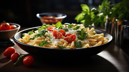  a bowl of pasta with tomatoes, basil, and parmesan cheese on a table next to a bowl of tomatoes and basil.