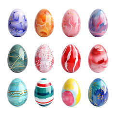 Array of Vibrant Abstract Designs on Easter Eggs, Adorned Egg Decoration, Isolated on Transparent Background, PNG