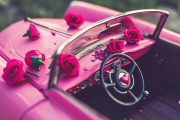 Pink toy retro car with rose flowers. Present with love for Valentine's, Mother's and Women's day concept. Wedding, happy marriage. Greeting card, banner, poster, flyer, backdrop with copy space	