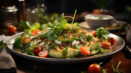  a close up of a plate of food with lettuce, tomatoes, avocado, and other vegetables.