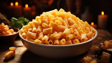  a bowl of macaroni and cheese sitting on a table next to a bowl of parmesan cheese.