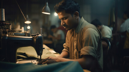 Young Indian man worker in a textile factory sewing with sewing machine. Created with AI. - Powered by Adobe