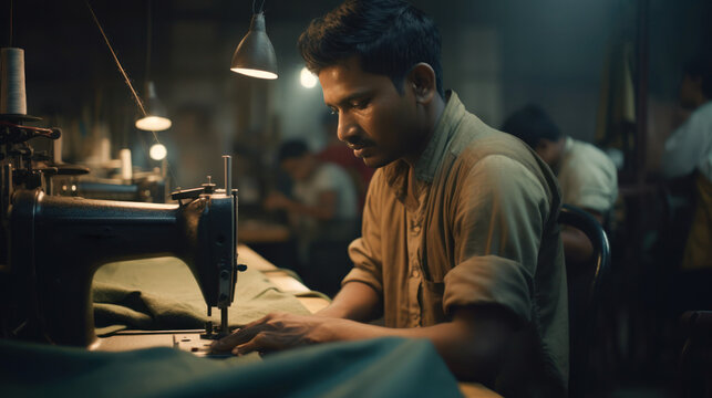 Young Indian man worker in a textile factory sewing with sewing machine. Created with AI.