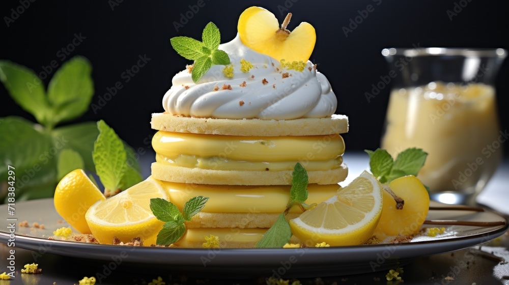 Poster a stack of lemon shortcakes with whipped cream and lemon slices on a plate with mint leaves and a gl