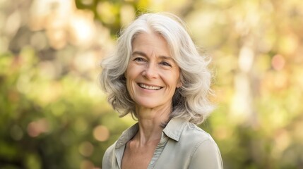 A beautiful elderly woman with gray hair, smiling warmly, on a soft light background. Graceful aging, dignified and joyful expression