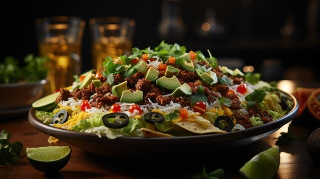  a plate of taco salad with lettuce, tomatoes, black olives, cheese, and other toppings.