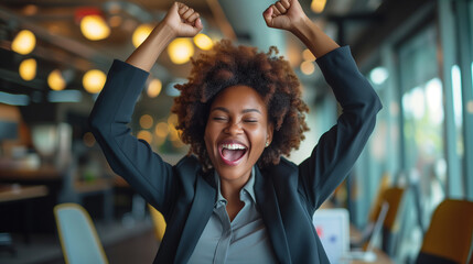 Winner, happy black businesswoman celebrating and cheering after a successful corporate achievement. Young African american female excited, smile and hired after successful job promotion - obrazy, fototapety, plakaty