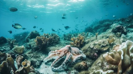 Naklejka na ściany i meble Octopus on reef seabed. Created with AI.