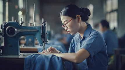 Asian woman in a textile factory sewing with a sewing machine. Created with AI. - obrazy, fototapety, plakaty