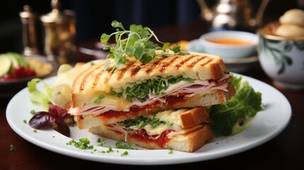  a white plate topped with a cut in half sandwich next to a bowl of soup and a cup of tea.