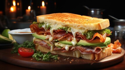  a sandwich sitting on top of a cutting board next to a bowl of ketchup and a slice of avocado.