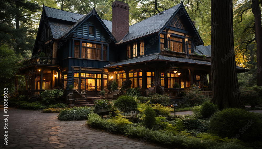 Poster a rustic cottage nestled in a dark forest, illuminated by lanterns generated by ai