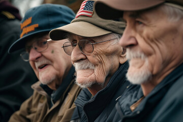 Veterans sharing stories at a memorial gathering, illustrating the camaraderie built on care and love, faith and tradition, courage