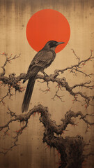 Japanese Ukiyo-e scroll of a raven perched in front of the rising sun on a gnarly branch - obrazy, fototapety, plakaty
