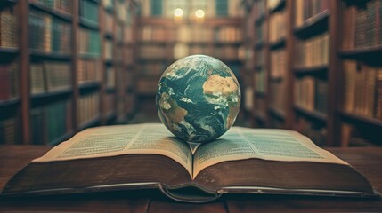 Big data Education learning concept with opening book or textbook in old library,Earth globe lying on an open book against the background,E-Learning concept  - obrazy, fototapety, plakaty
