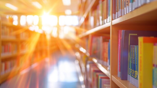 Blur Image Of Picture Library Background. Library Resources, Including Vast Knowledge And Sun Light. School Classroom In Blur Background. Blurry View Of Elementary Class Room. 