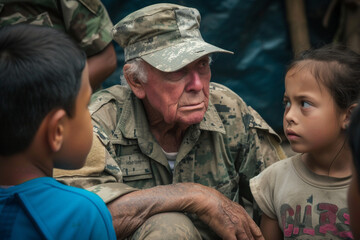 A veteran sharing war stories with children, passing on knowledge and care and love, faith and tradition, courage