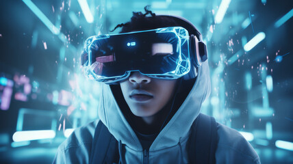 Futuristic image of a tech-savvy individual immersed in virtual reality, portraying a seamless integration of technology into daily life, using cool.