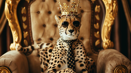 cheetah wearing tie with crown and sunglasses sitting on a throne, closeup. AI Generative