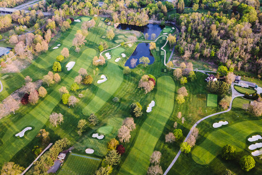 Aerial view of a golf course in a suburb of New York city, USA