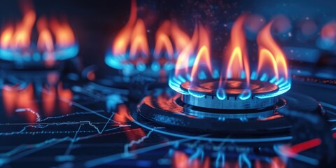 Natural gas stove burning. Cost growth stock charts background concept - obrazy, fototapety, plakaty