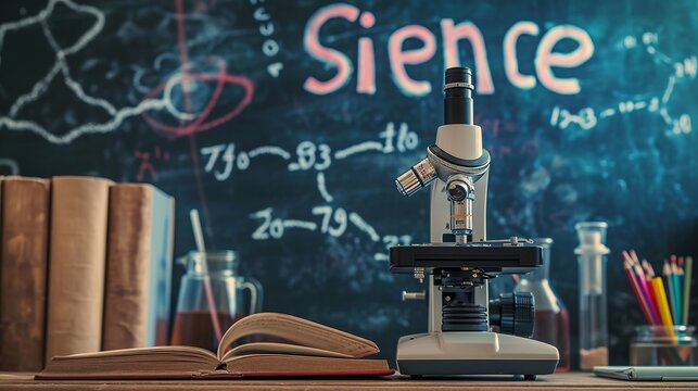 Education concept - books, microscope and "Science" inscription on the blackboard 