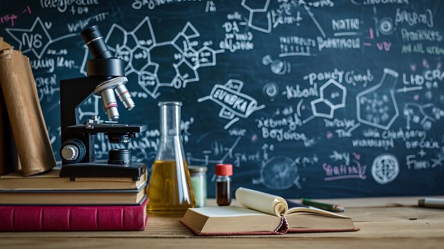Education concept - books, microscope and Science sketch on the blackboard 