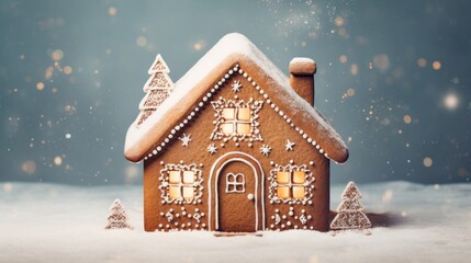  a close up of a gingerbread house in the snow with trees and snow flakes on the top of it.