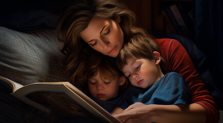 Obraz na płótnie Canvas Mother reads storybook to children at bedtime