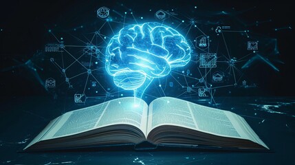 Glowing virtual brain floats above an open book with leaning icons on dark background which is a symbol of study a knowledge will help solve problem and solution concept.  - obrazy, fototapety, plakaty
