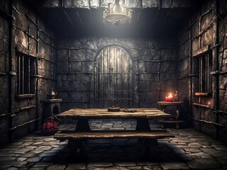Underground old medieval dungeon jail cells, fantasy aventure tabletop role play game setting, dark and creepy rp table top background, hd