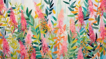 Fototapeta premium a painting of pink flowers and green leaves on a blue and white striped background with a vertical strip of vertical stripes.