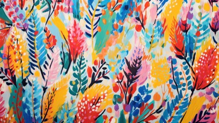  a close up of a multicolored fabric with a pattern of flowers and leaves on a white background with red, blue, yellow, green, pink, orange, and blue colors.