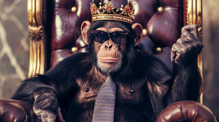Funny monkey crown. Chimpanzee wearing tie with crown and sunglasses sitting throne. AI Generative - obrazy, fototapety, plakaty
