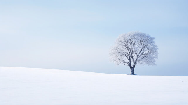 Solitary tree in a vast, snow-covered landscape during the early morning, conveying a tranquil and contemplative emotion, blue-grey tone for a modern, minimalist look