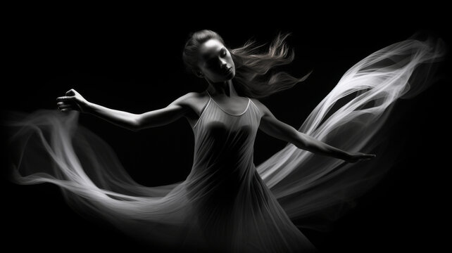 Grace in Motion - A dancer, enveloped in flowing fabric, performs a ballet, embodying elegance and fluidity against a dark backdrop