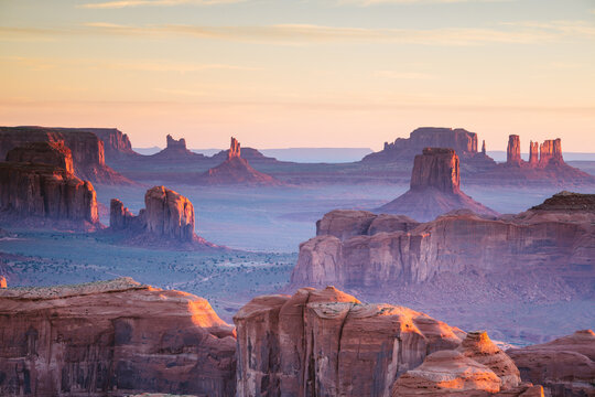 Sunrise over the rock formations at Hunt's Mesa, Monument Valley, Arizona, United States