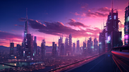 Neon Dusk Over Futuristic City Skyline