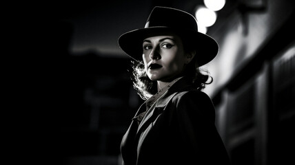 Enigma in Shadows: A mysterious figure, shrouded in darkness, under the city lights, encapsulating the film noir allure.