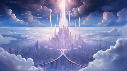 Sky-High Fantasy Cityscape with Light Beams