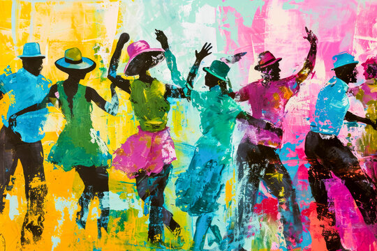 Create a vibrant and colorful scene of people dancing and celebrating at a lively street carnival