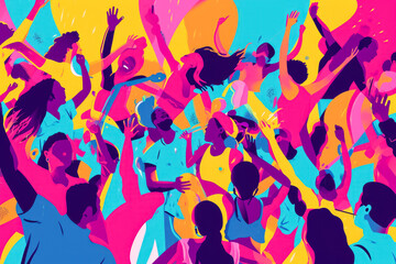 Design a vibrant and energetic illustration of a lively music festival, with people dancing, singing, and enjoying the rhythm of the music - obrazy, fototapety, plakaty