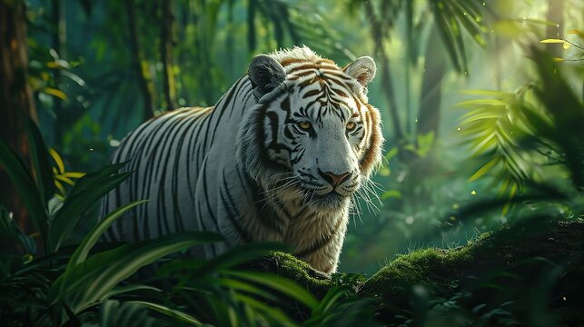 White tiger in the jungle, 4k, wallpaper - majestic tiger, generative ai