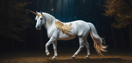 a standing white and golden unicorn