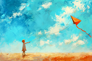 Generate a joyful and uplifting painting of a child flying a kite on a breezy summer day, with a backdrop of vibrant blue skies