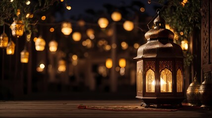 Islamic holiday banner in monotone design. Ramadan night. Cute mosque and lantern displayed on...