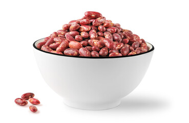 Bowl of raw speckled red kidney beans isolated on white
